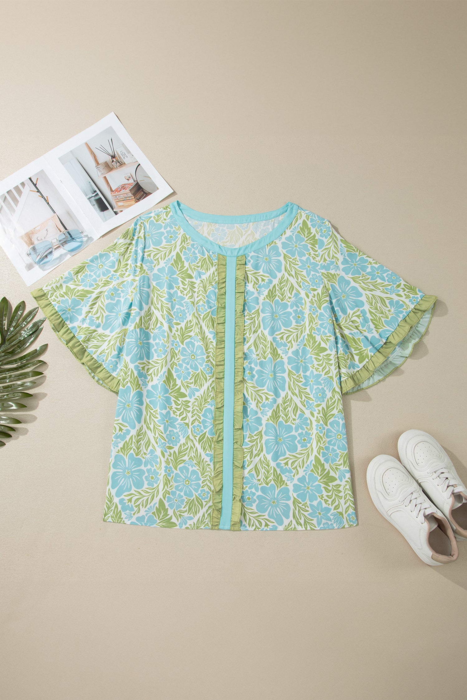 Plus Size Floral Blouse – Sky Blue Frilled Sleeve Color Block Trim Top Dear-Lover Dropshipping Plus Size/Plus Size Tops/Plus Size Blouses & Shirts