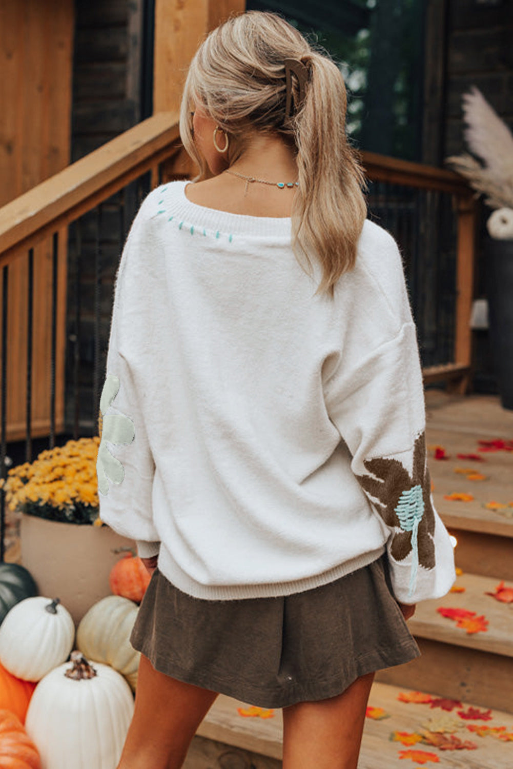Big Flower V Neck Drop Shoulder Sweater