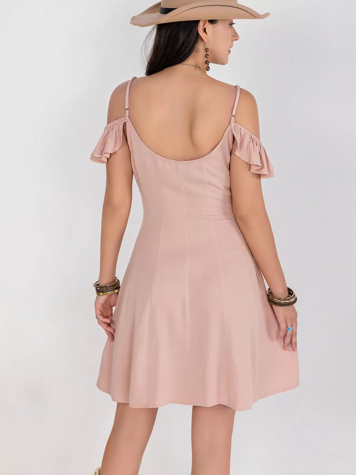 Pale Pink Stripe Floral Lace Cold Shoulder A-Line Dress Bazaare Mart Floral Lace Trim Cold Shoulder A-Line Dress