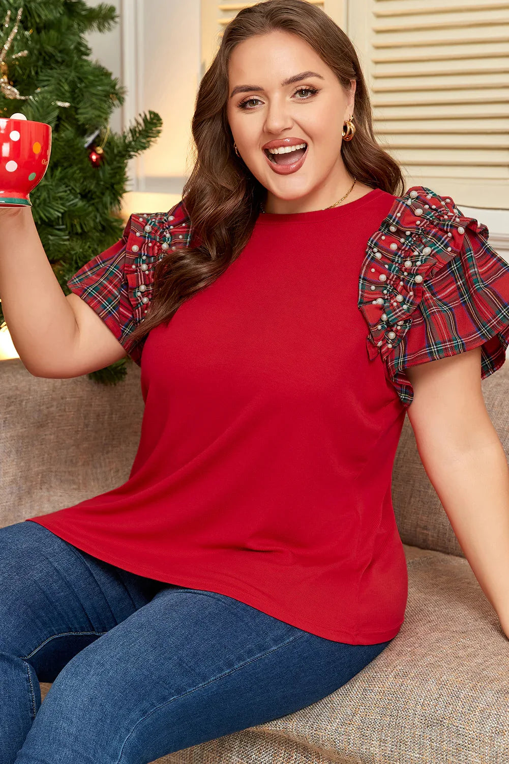 Red Plaid Pearl Ruffled Short Sleeve T-shirt Bazaare Mart Plus Size/Plus Size Tops/Plus Size Blouses & Shirts