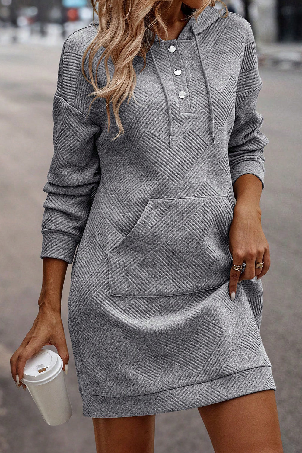 Gray Textured Mini Hoodie Dress