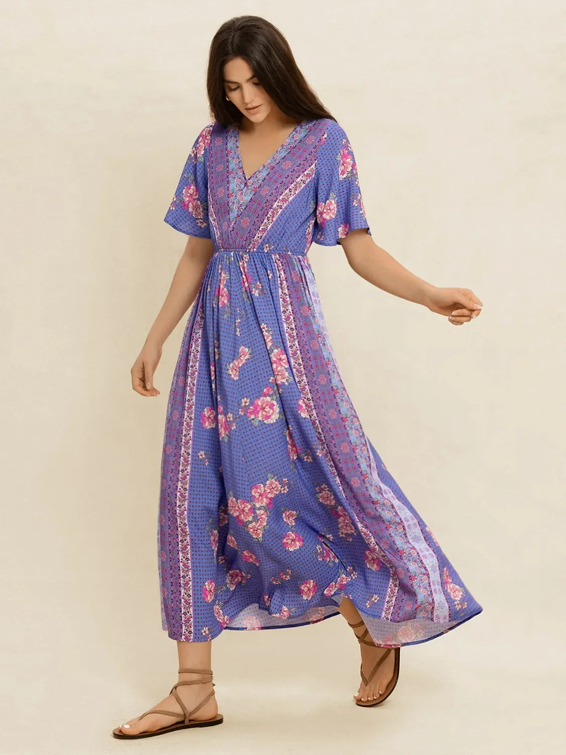 Printed Short Sleeve Midi Dress Bazarre Mart Purple Boho Midi Dress