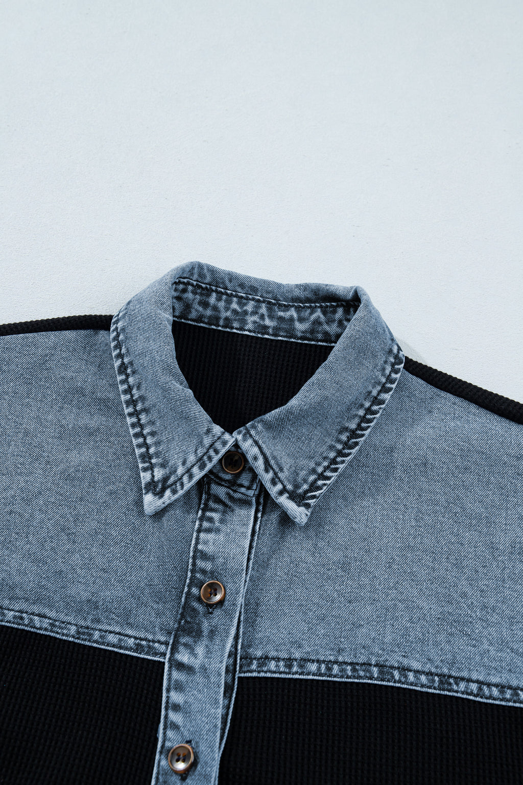 Black Textured Knit Denim Color Block Patchwork Collar Button Down Shirt Dear-Lover Dropshipping Tops/Blouses & Shirts
