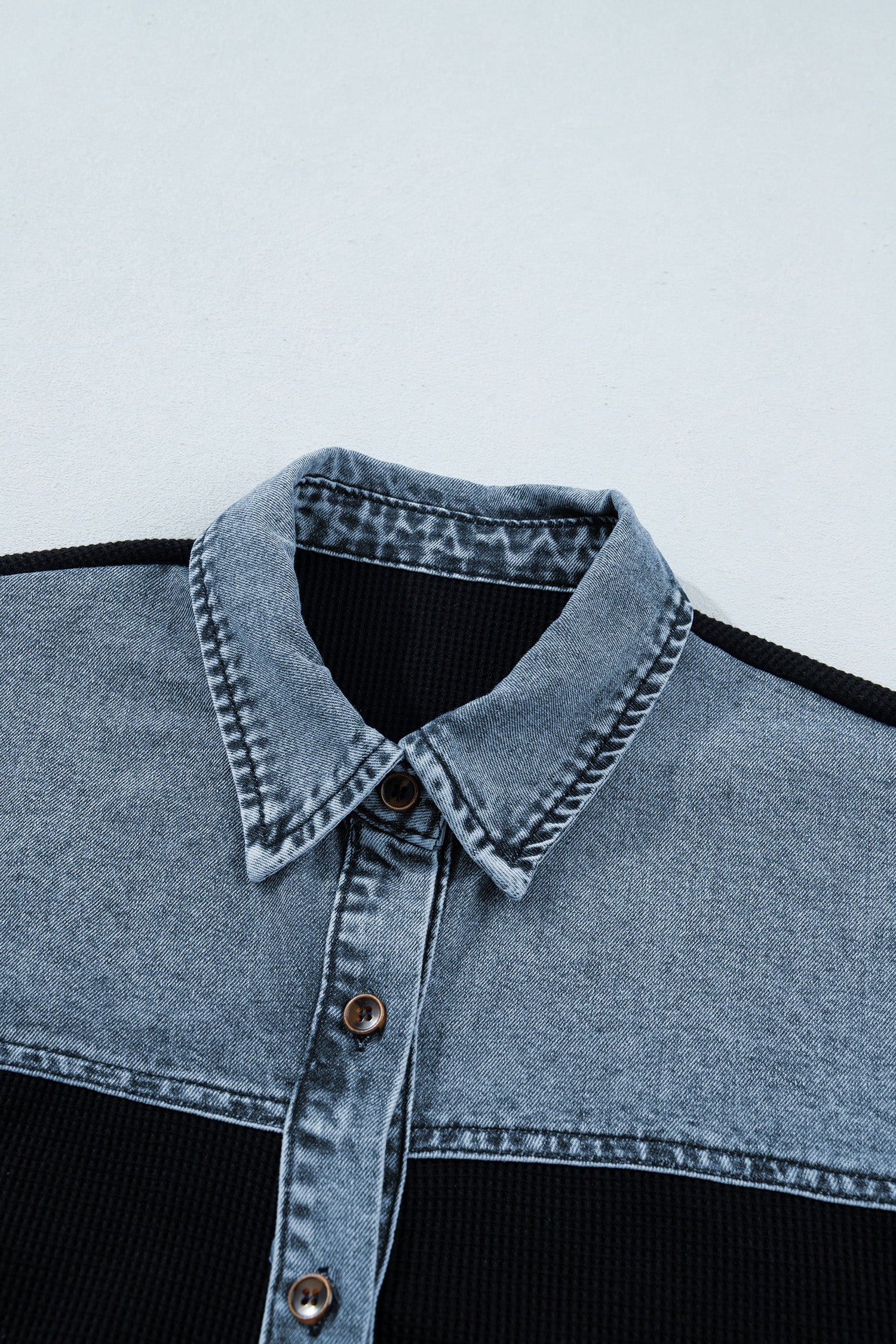 Black Textured Knit Denim Color Block Patchwork Collar Button Down Shirt Dear-Lover Dropshipping Tops/Blouses & Shirts
