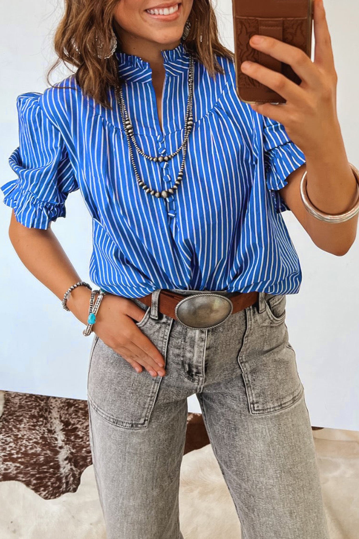 Striped Puff Sleeve Button Front Blouse – Ruffle Cuff Summer Shirt for Women Dear-Lover Dropshipping Tops/Blouses & Shirts