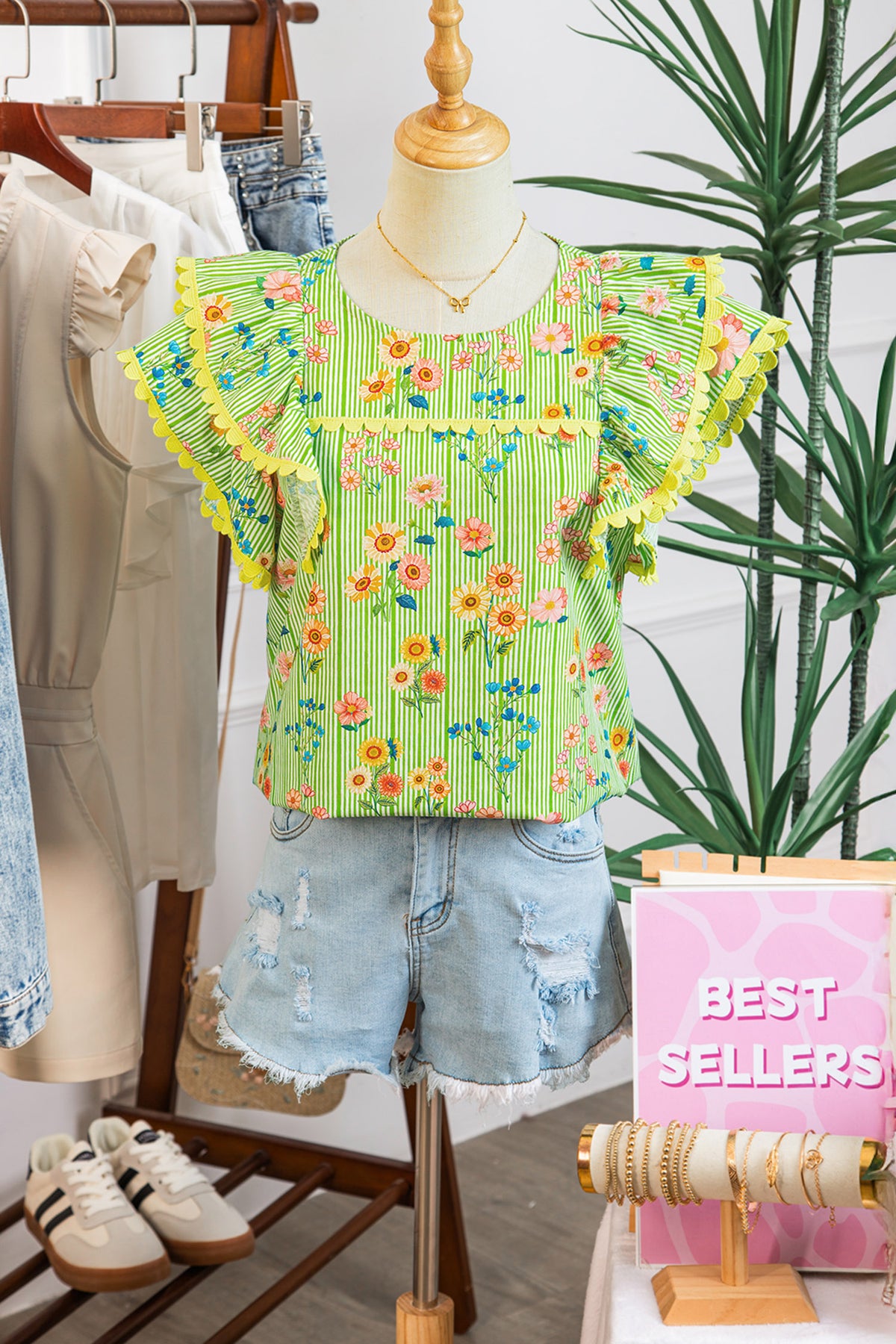 Green Stripe Floral Printed Scalloped Detail Flutter Short Sleeve Blouse