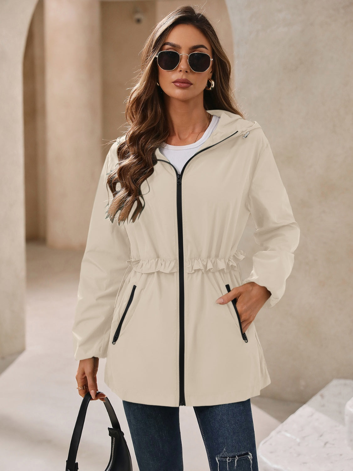 Waterproof Gathered Waist Hooded Jacket