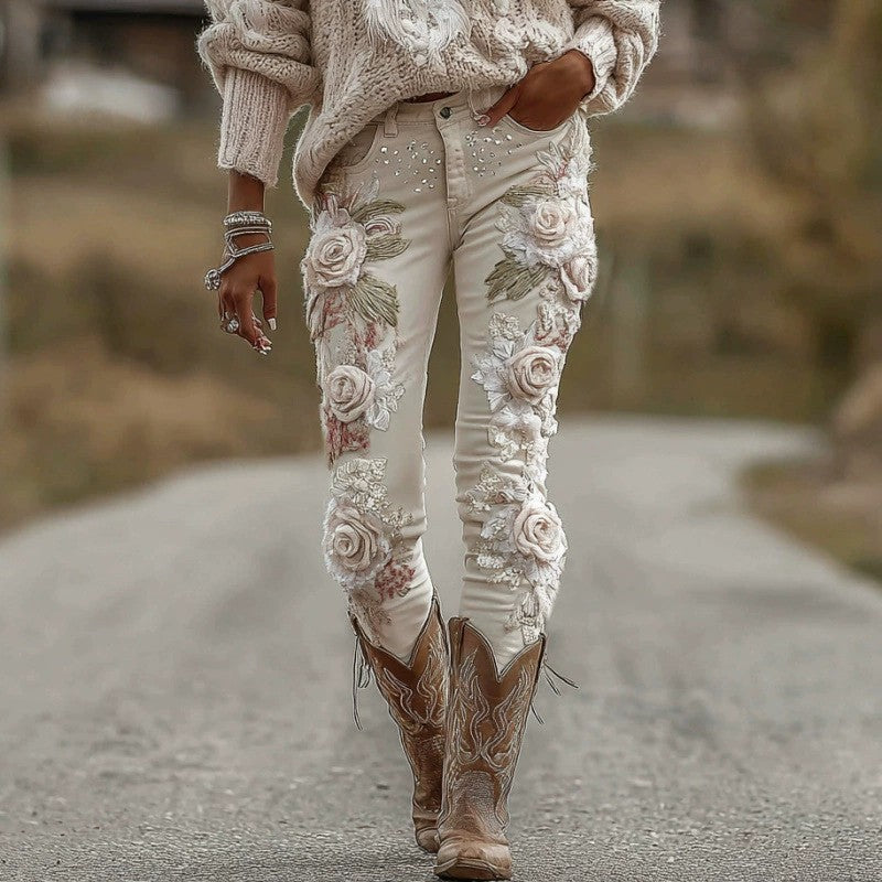 Women's Embroidered 3D Floral Faux Denim Pants ADFGRV9 CJ Dropshipping Floral Denim Pants