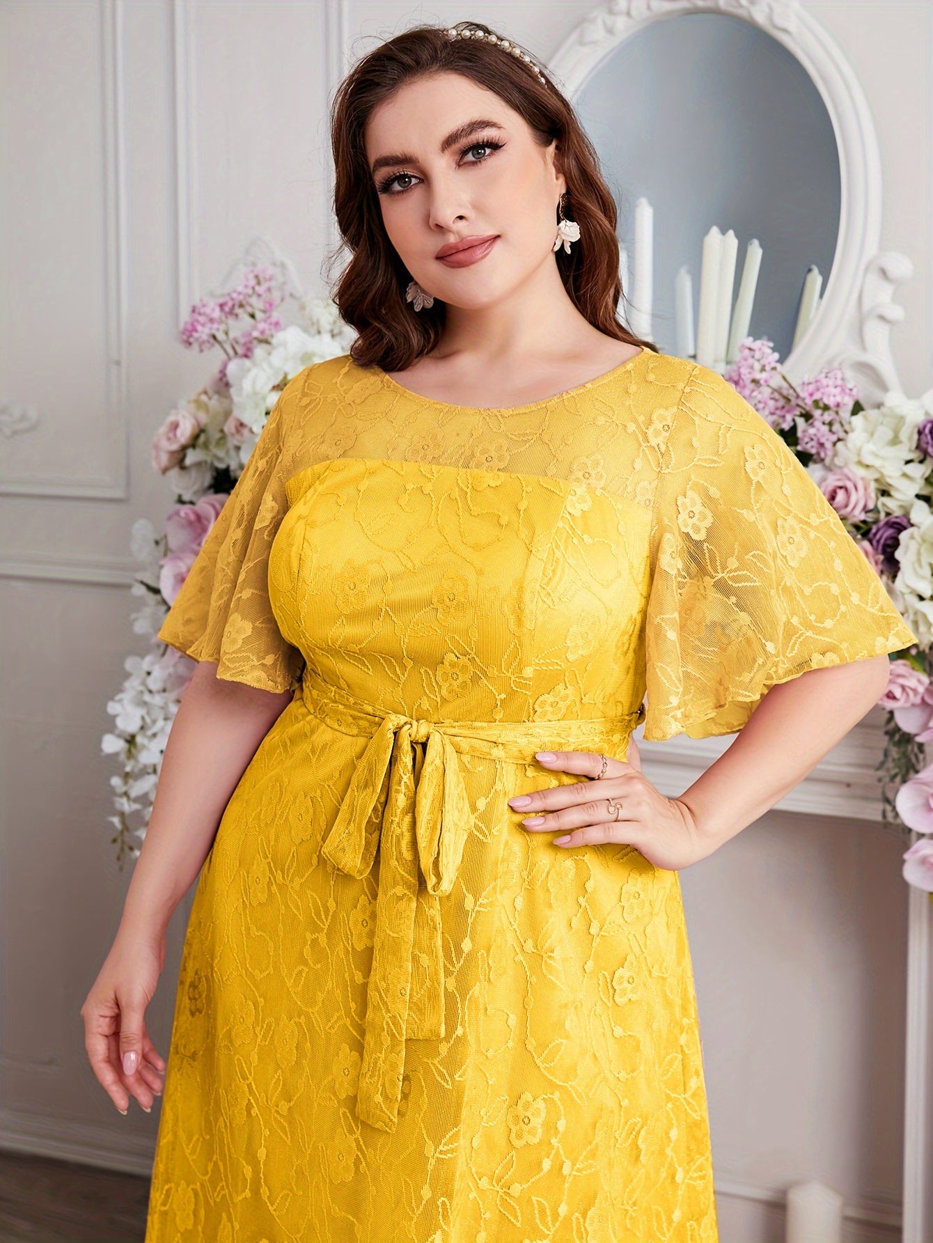 Elegant High Waist Lace Round Neck Half Flutter Sleeve Solid Color Formal Floor Length Dress