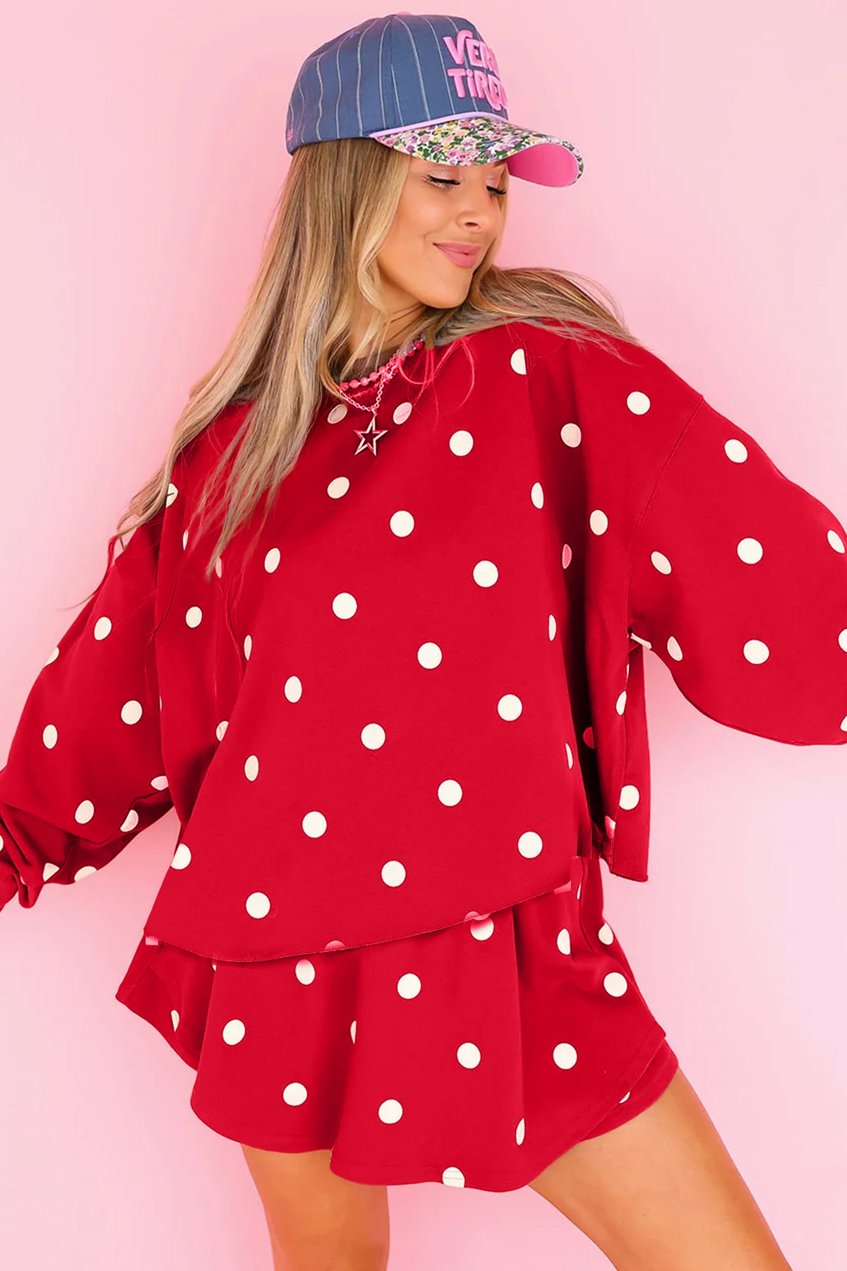 Brown Polka Dot Raw Hem Relaxed Pullover Loose Skort Two Piece Set