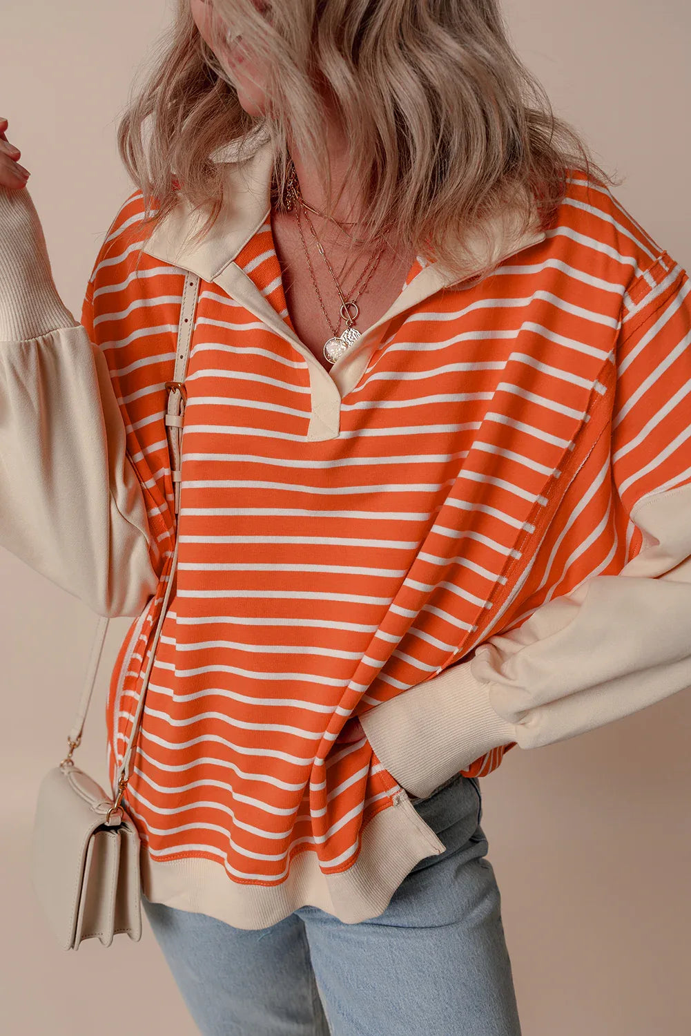 Orange Stripe Color Block Loose Fit Collared Drop Shoulder Sweatshirt Bazaare Mart Tops/Sweatshirts & Hoodies