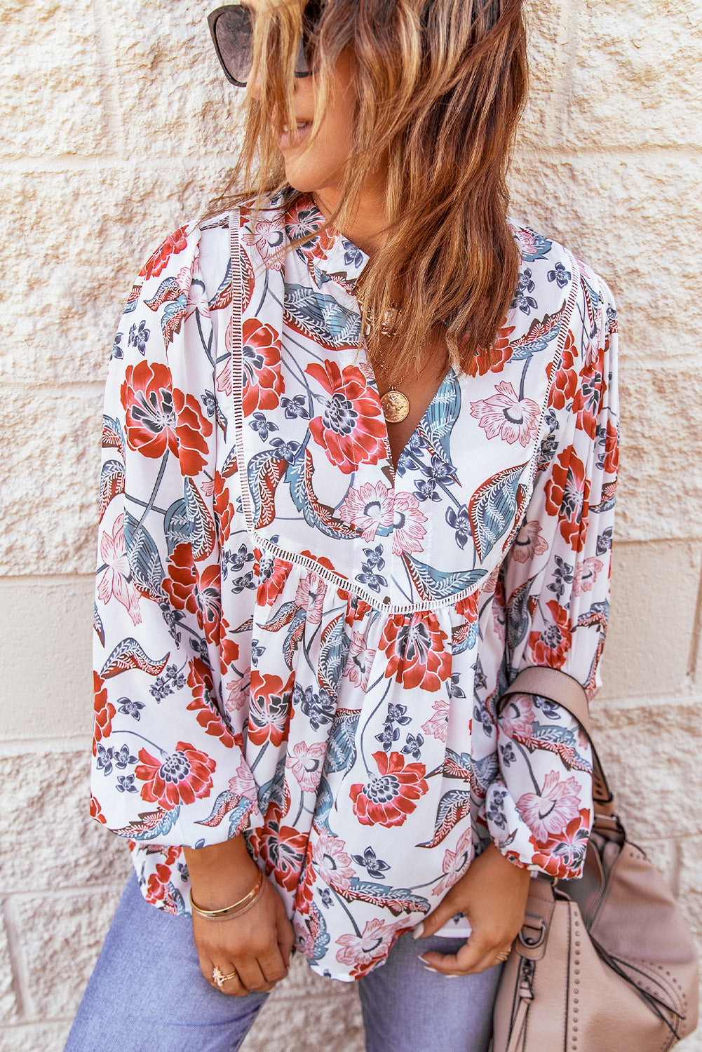 White Split Neck Long Sleeve Retro Floral Top