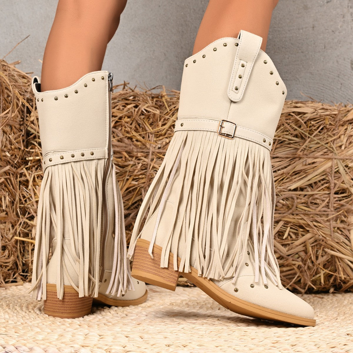 Western Cowboy Tassel Boots – Belt Buckle Rivet Mid-Calf Cowgirl Boots CJ Dropshipping Tasseled Boots