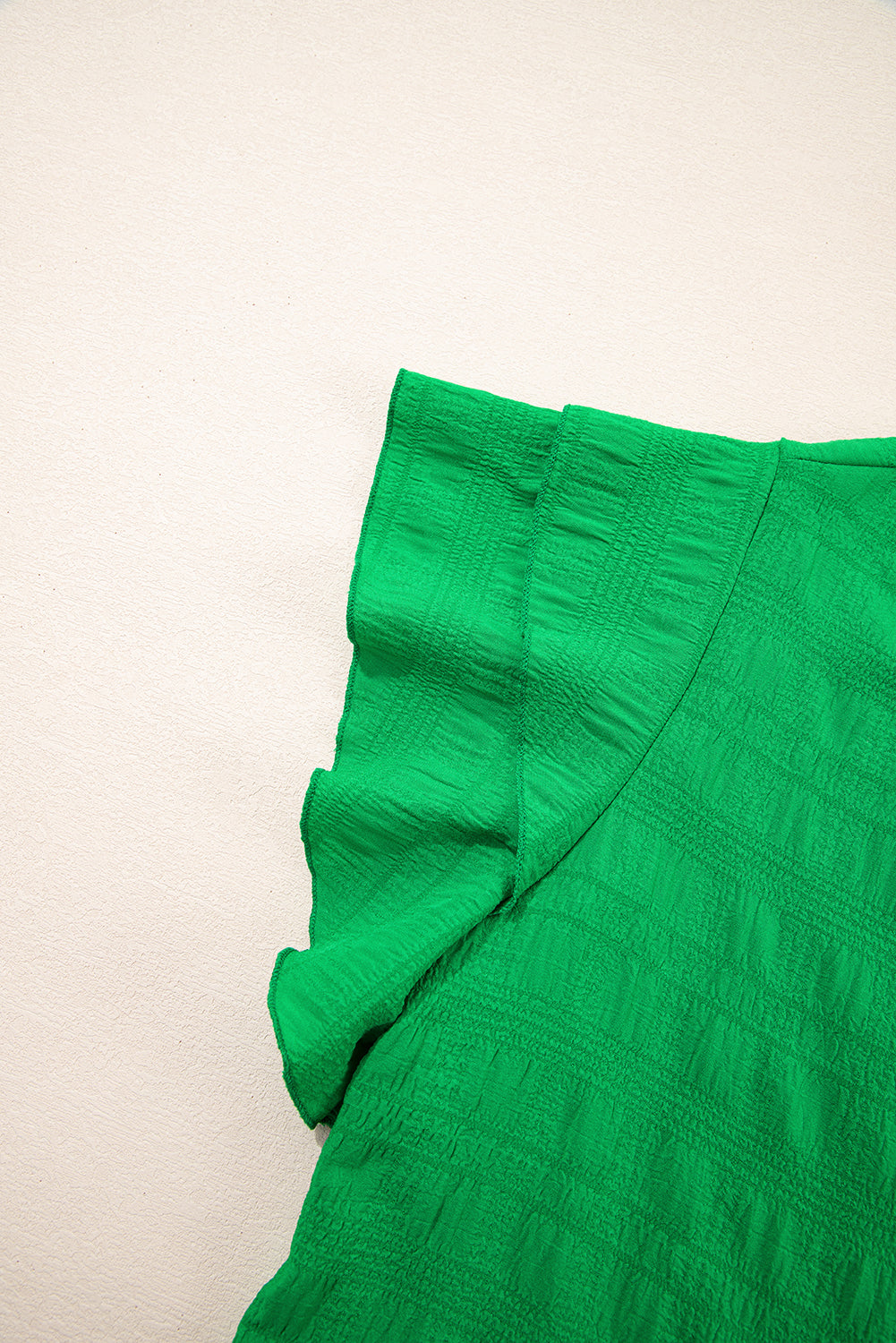 Green Textured Ruffled Sleeve Round Neck Top