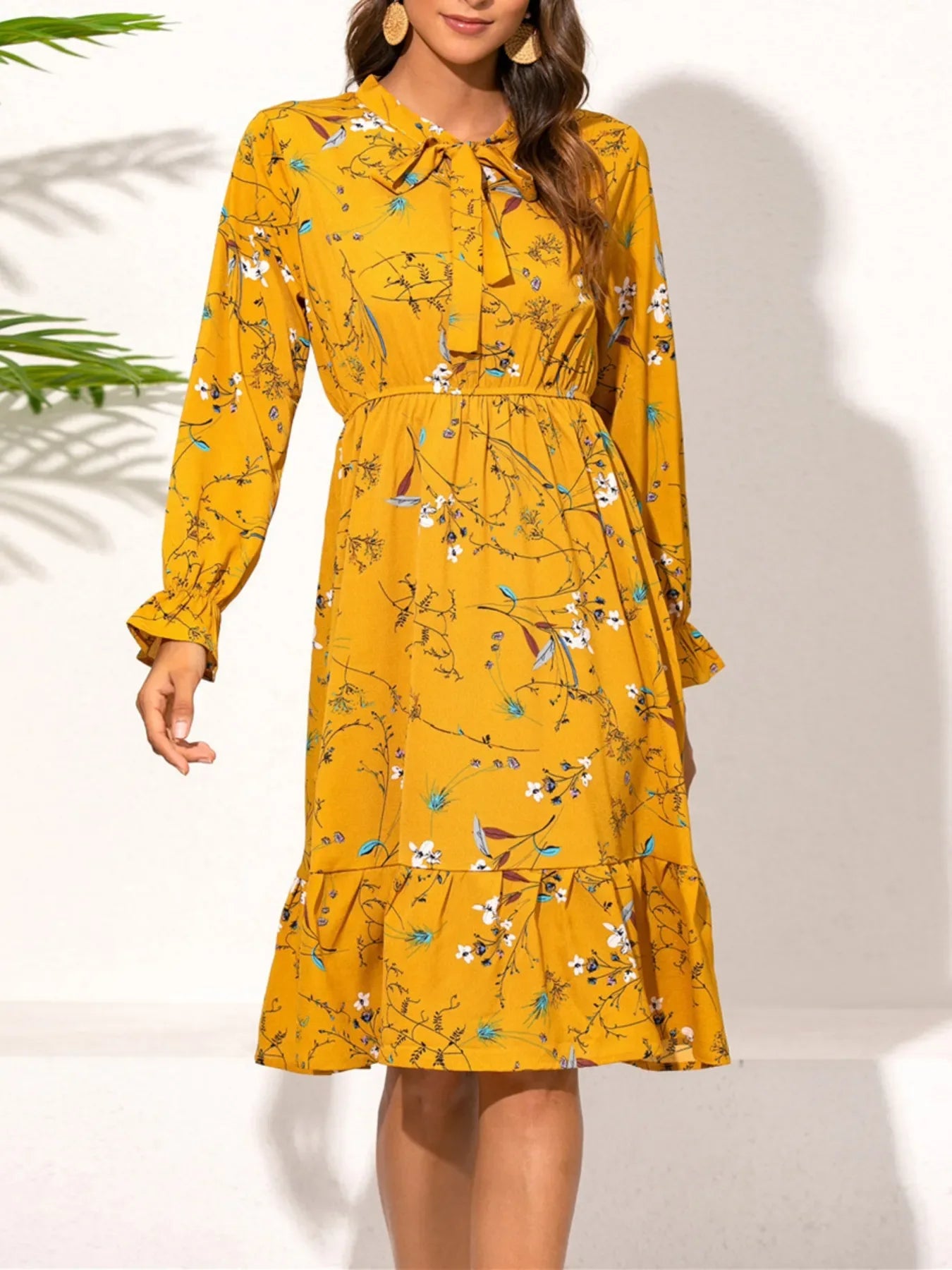 Ruffled Hem Floral Print Long Sleeve Dress Trendsi Long Sleeve Yellow Dress