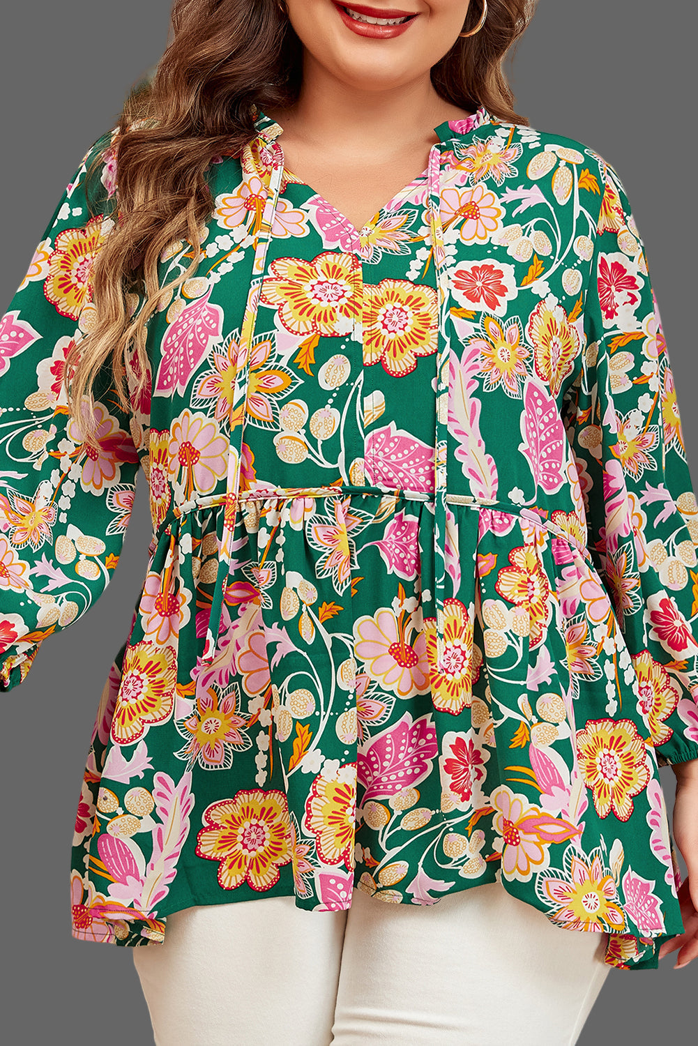 Green Floral Long Sleeve Babydoll Top