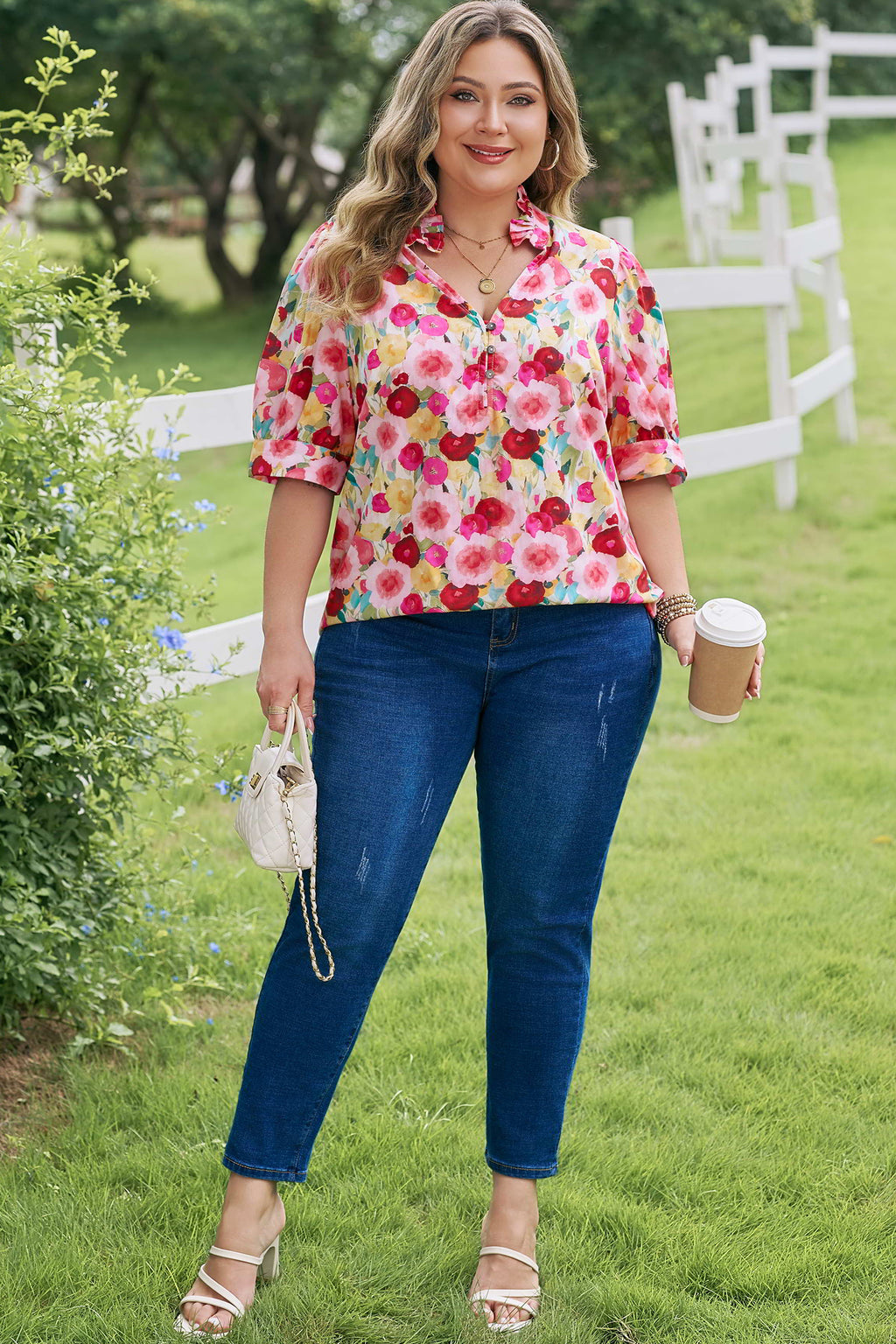Plus Size Floral Split V-Neck Top – Puff Sleeve Button Detail Blouse Dear-Lover Dropshipping Plus Size/Plus Size Tops/Plus Size Blouses & Shirts