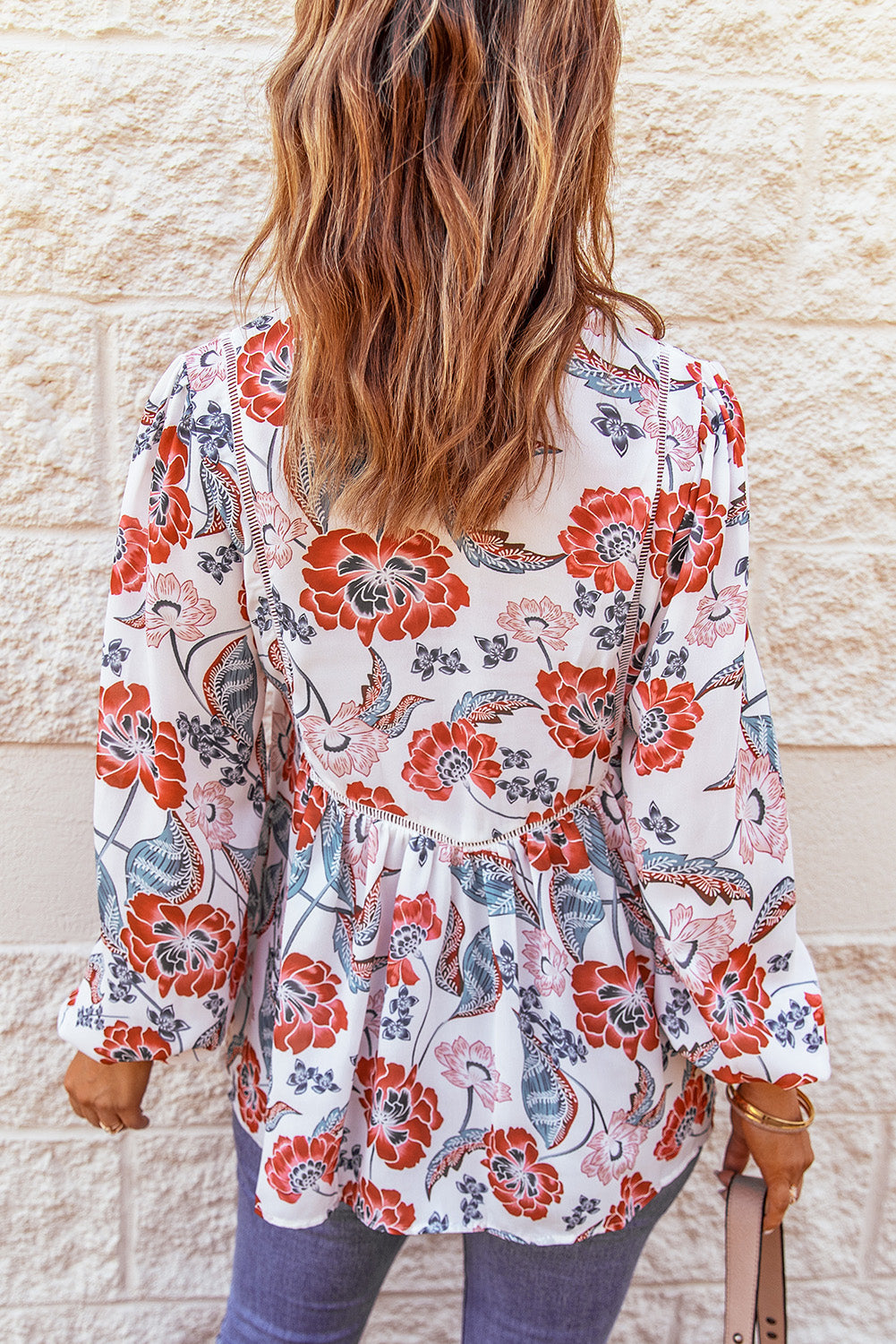 White Split Neck Long Sleeve Retro Floral Top