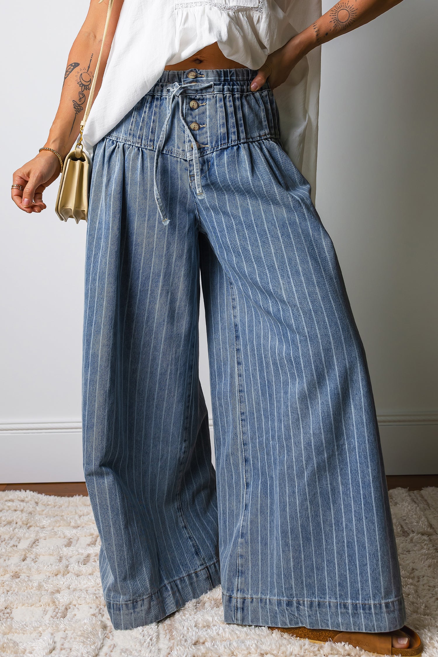 Sky Blue Stripe Button Pleated Drawstring Waist Casual Wide Leg Jeans Sky Blue Stripe 74.7%Cotton+16.5%Polyester+8.8%Regenrated Fibre Dear-Lover Dropshipping Bottoms/Jeans