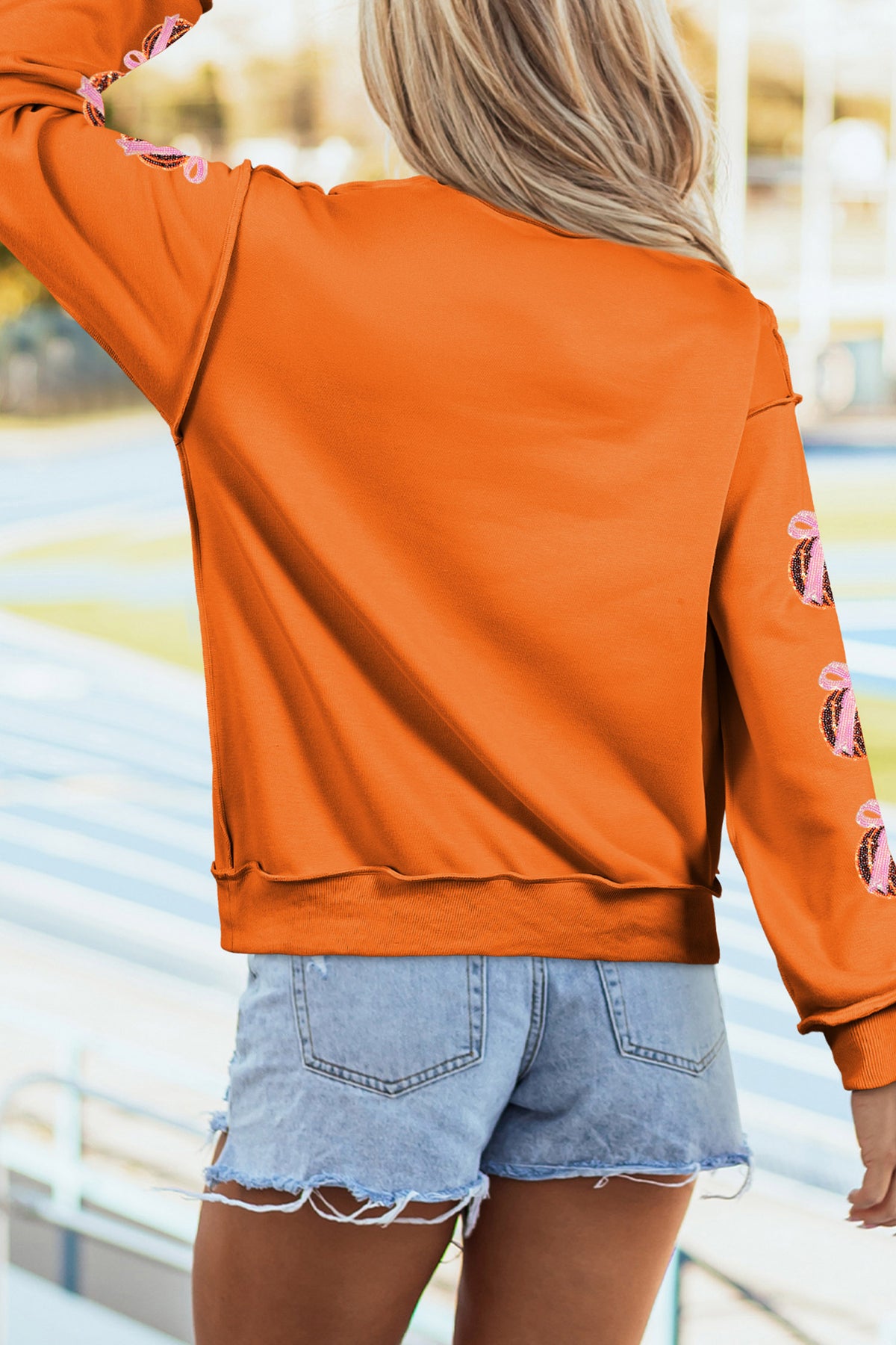 Orange Pumpkin Bow Glitter Sleeve Sweatshirt