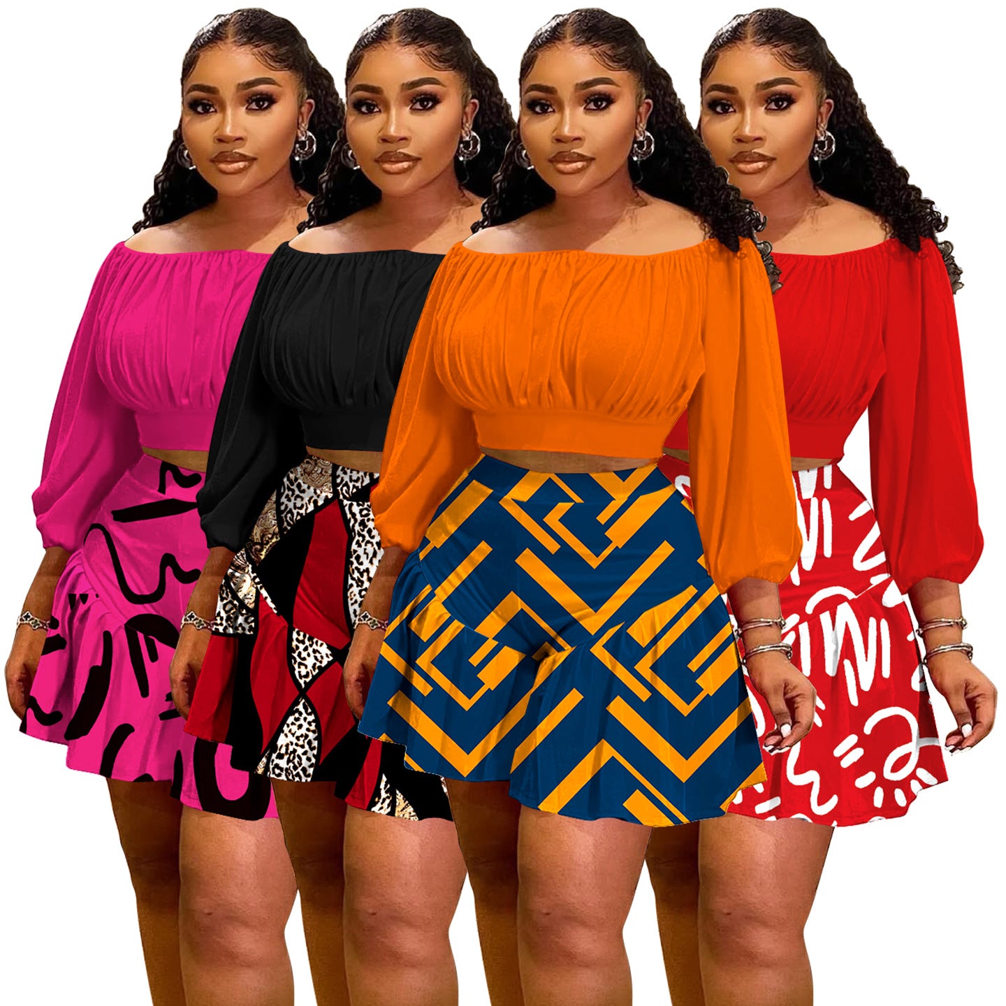 Plus Size Puff Sleeve Two-Piece Set – Off-Shoulder Crop Top & Wide Leg Shorts Outfit CJ Dropshipping Plus Size Off Shoulder 2pc Shorts Set