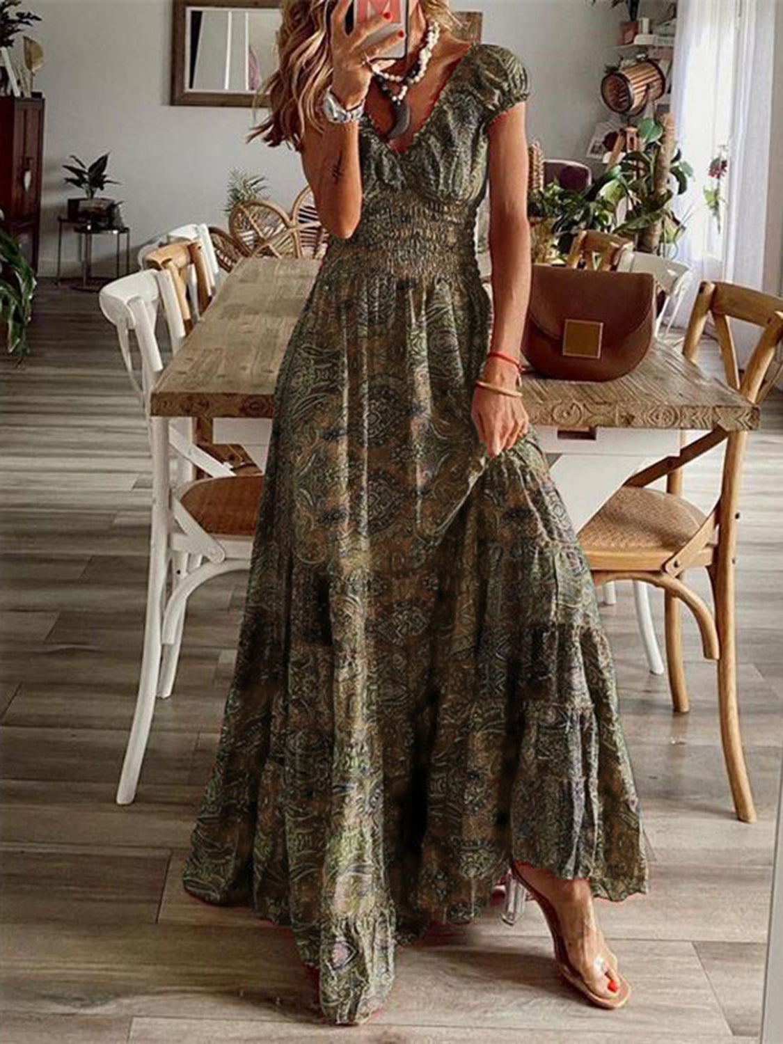 Floral Smocked Printed V-Neck Short Sleeve Maxi Dress