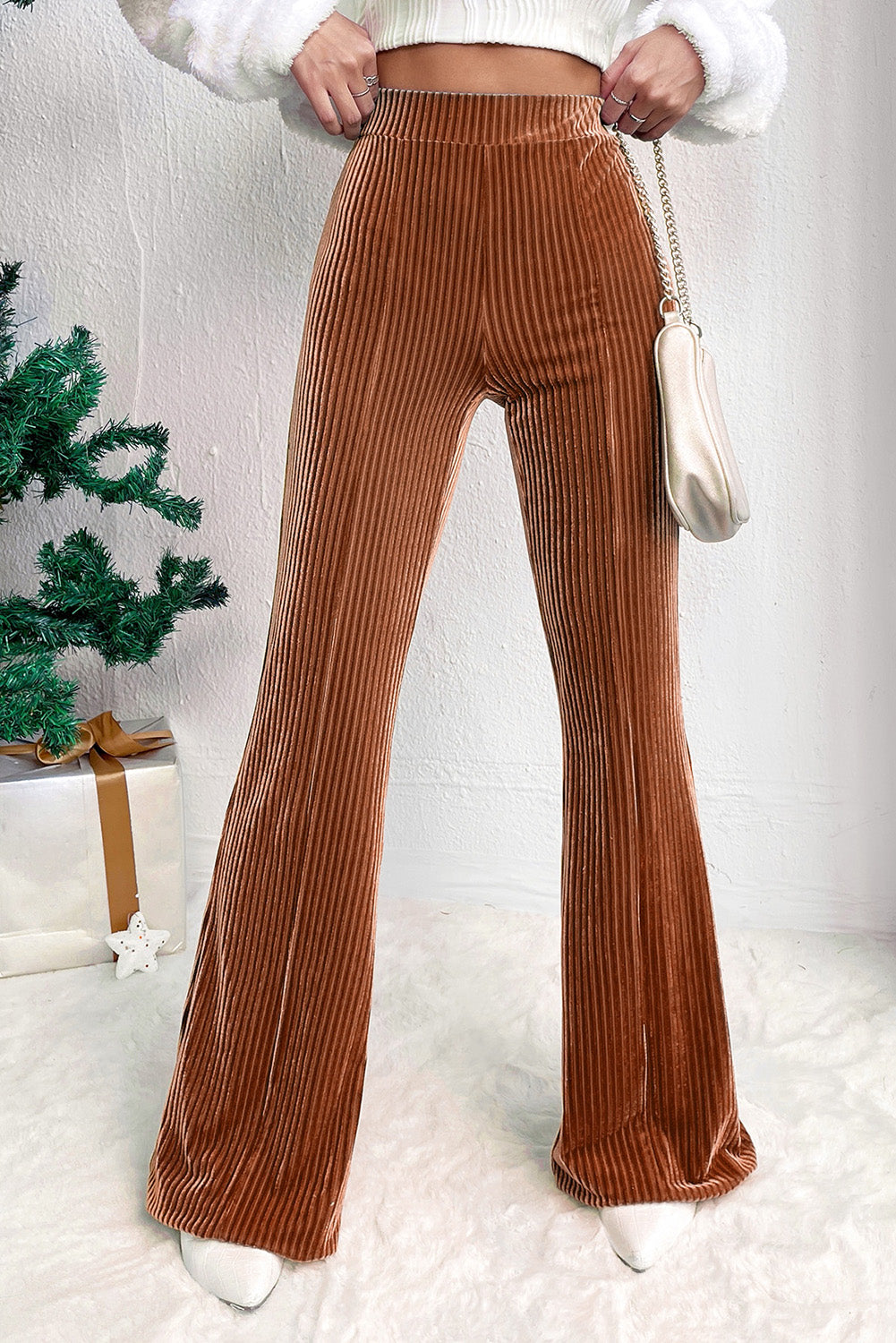 Black Solid Color High Waist Flare Corduroy Pants