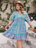 Plus Size Ruffled Hem Lace Detail Printed Half Sleeve Dress Sky Blue Bazaare Mart Spring Dress