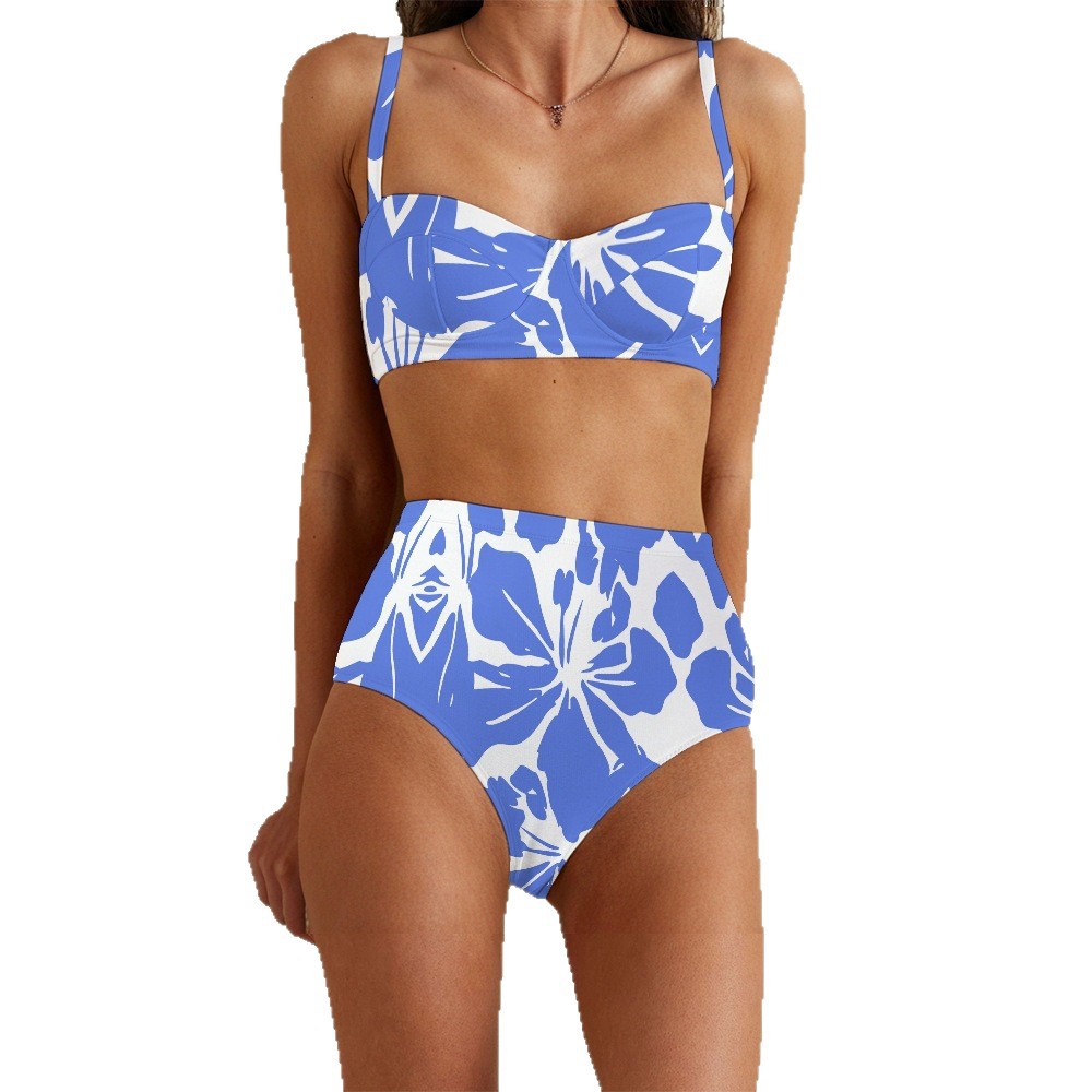 Retro Floral Beach Swimsuit Set – Women’s Bustier Bikini & High Waist Bottom Vacation Swimwear CJ Dropshipping Floral 2 pc. Bathing Suits