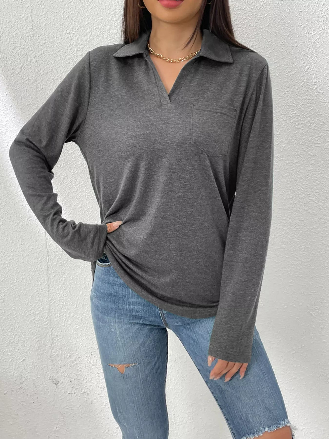 Casual Long Sleeve Polo T-Shirt Dark Gray Bazaare Mart Casual Long Sleeve Polo T-Shirt