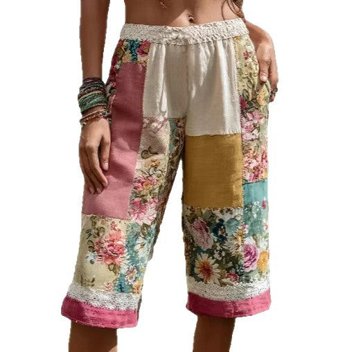 Women’s Retro Floral Patchwork Casual Capri Shorts – Boho Printed Wide Leg Pants CJ Dropshipping Patchwork Capris
