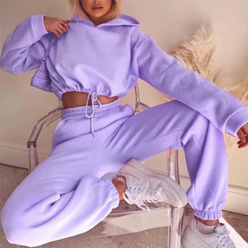 Two Piece Cropped Pullover Hoodie Sweatsuit