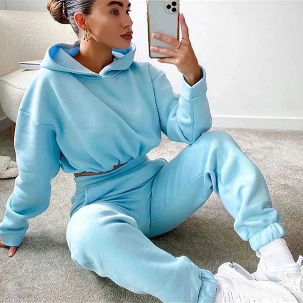 Two Piece Cropped Pullover Hoodie Sweatsuit