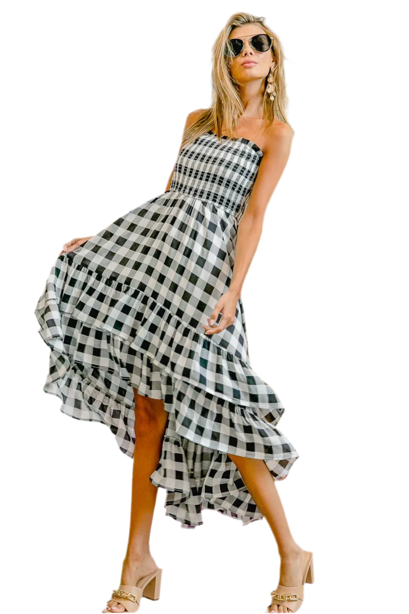 BiBi Smocked Bodice Strapless Ruffled Checker Dress