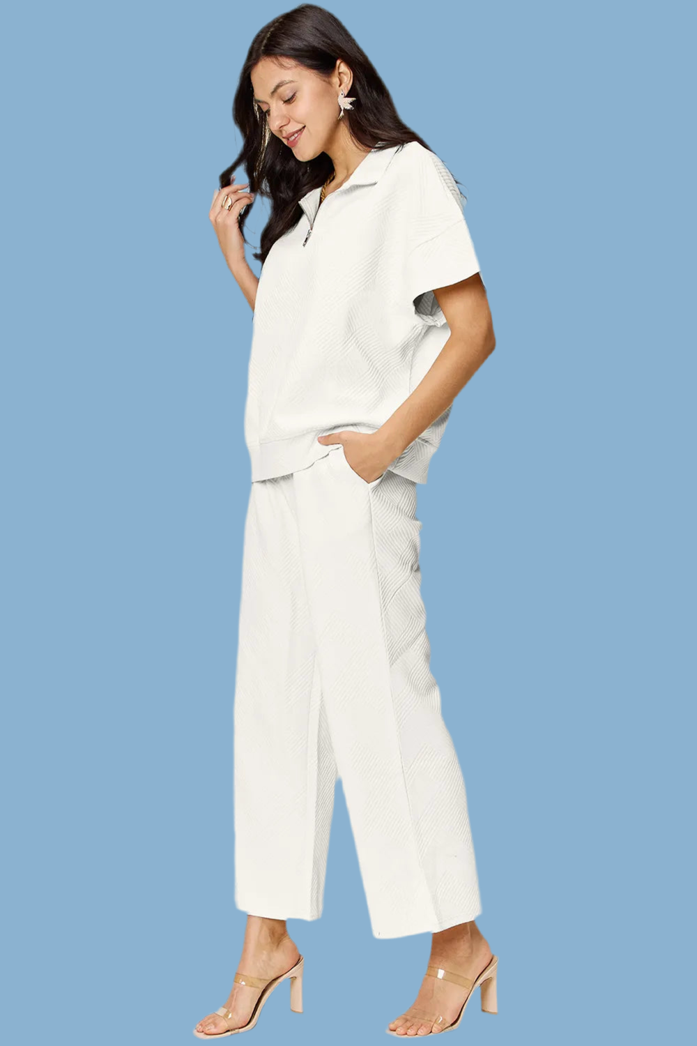 Texture Half Zip Short Sleeve Top and Pants Set