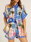 Abstract Button Up Shorts Set Blue Bazaare Mart Button Up Half Sleeve Top and Shorts Set