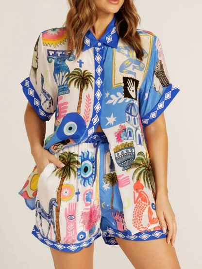 Abstract Button Up Shorts Set Blue Bazaare Mart Button Up Half Sleeve Top and Shorts Set