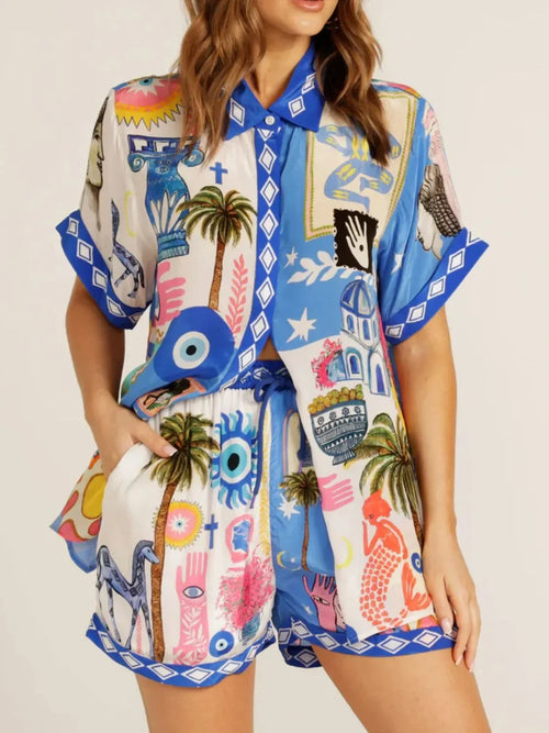 Abstract Button Up Shorts Set Blue Bazaare Mart Button Up Half Sleeve Top and Shorts Set