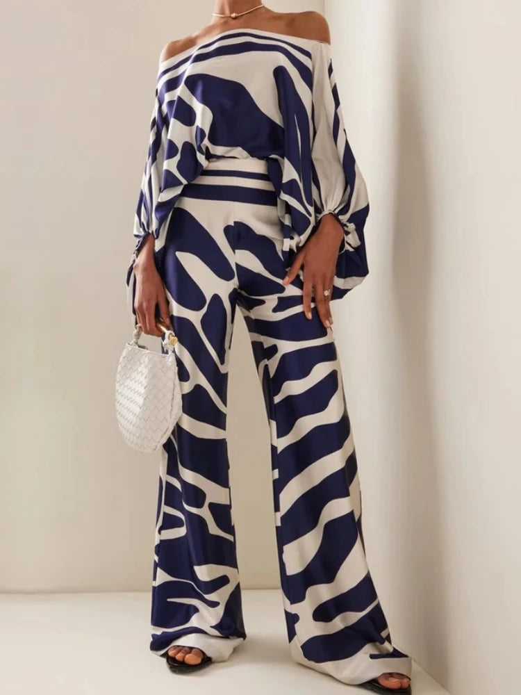 Abstract Printed Satin 2-piece Pants Set