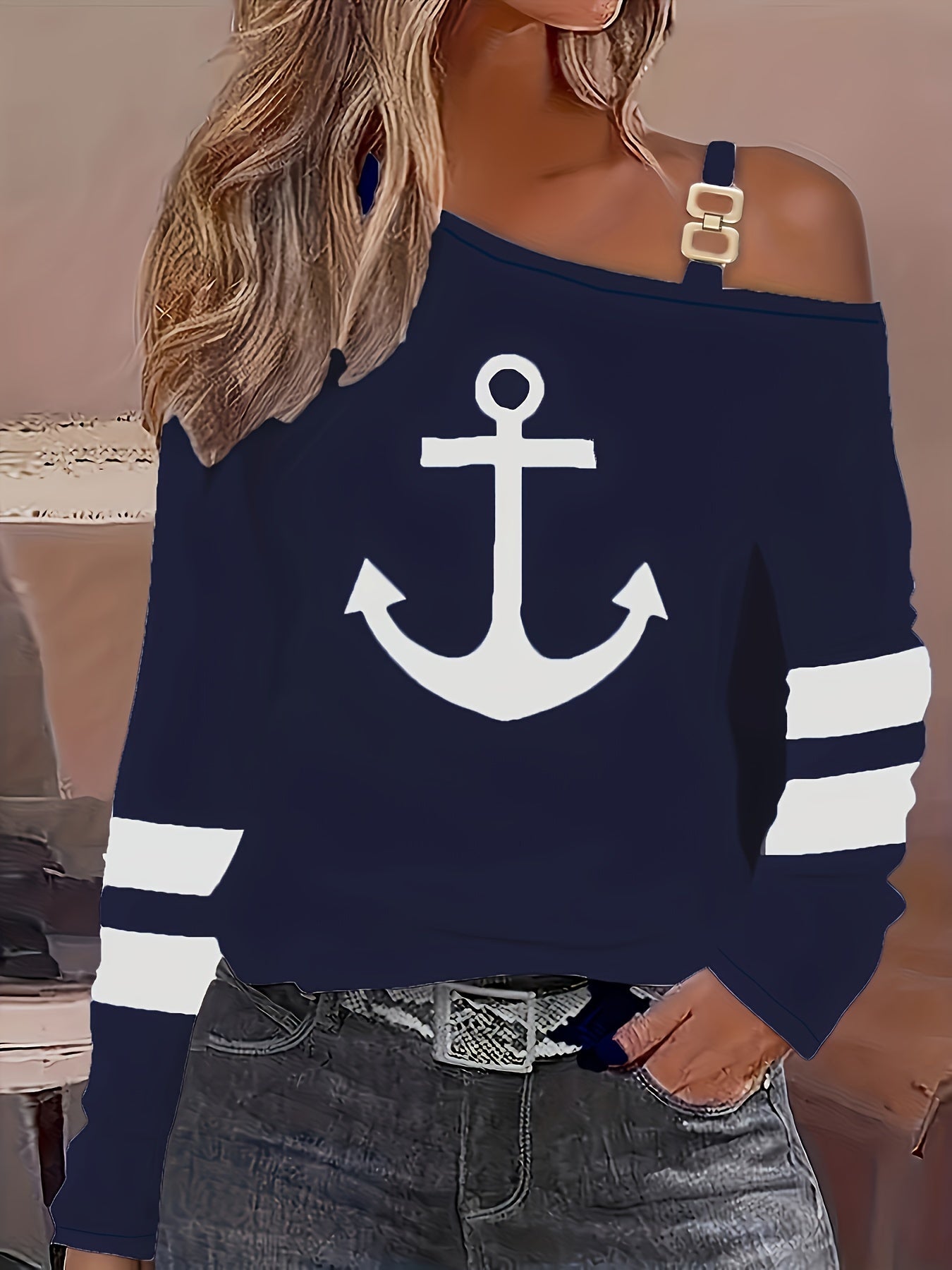 Anchor Print Off Shoulder Chain Detail Long Sleeve T-Shirt