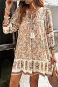 Beige Boho Loose Long Sleeve Mini Dress Apricot 100%Viscose Bazaare Mart Dresses/Floral Dresses