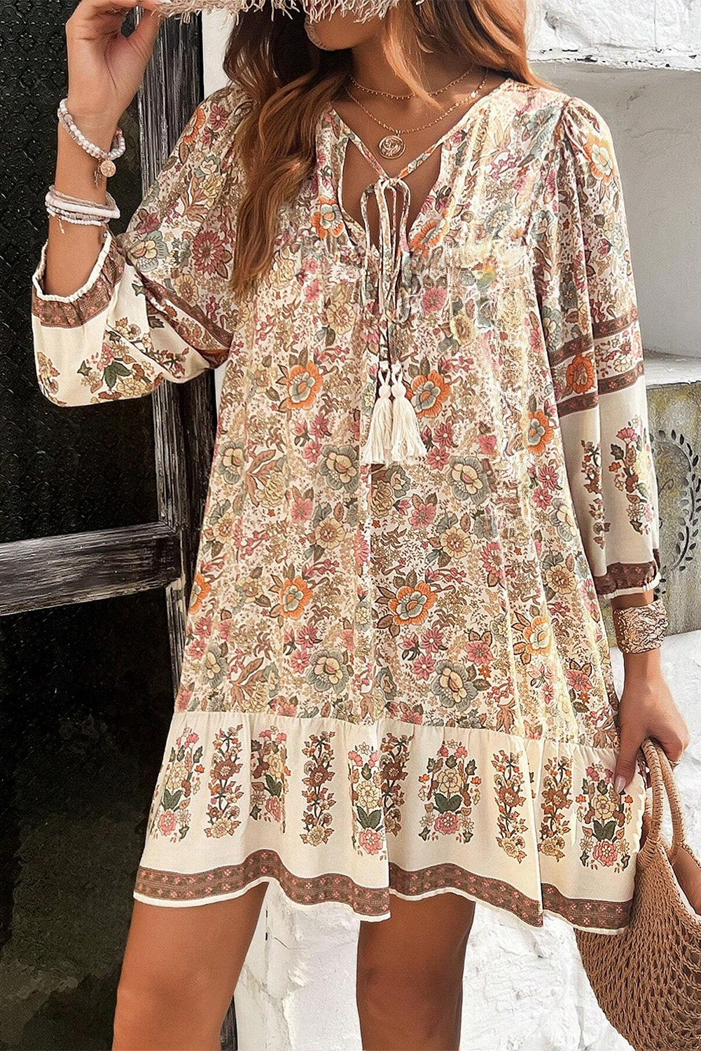 Apricot Boho Tassel Tie V-Neck Loose Long Sleeve Mini Dress