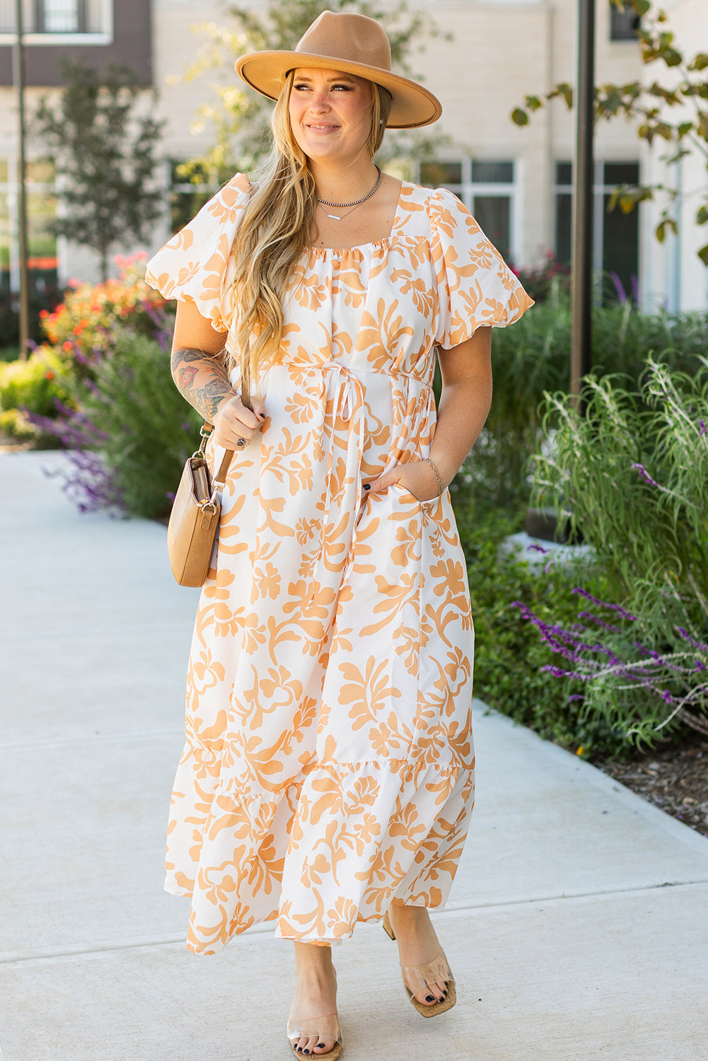 Apricot Floral Puff Short Sleeve Plus Size Maxi Dress