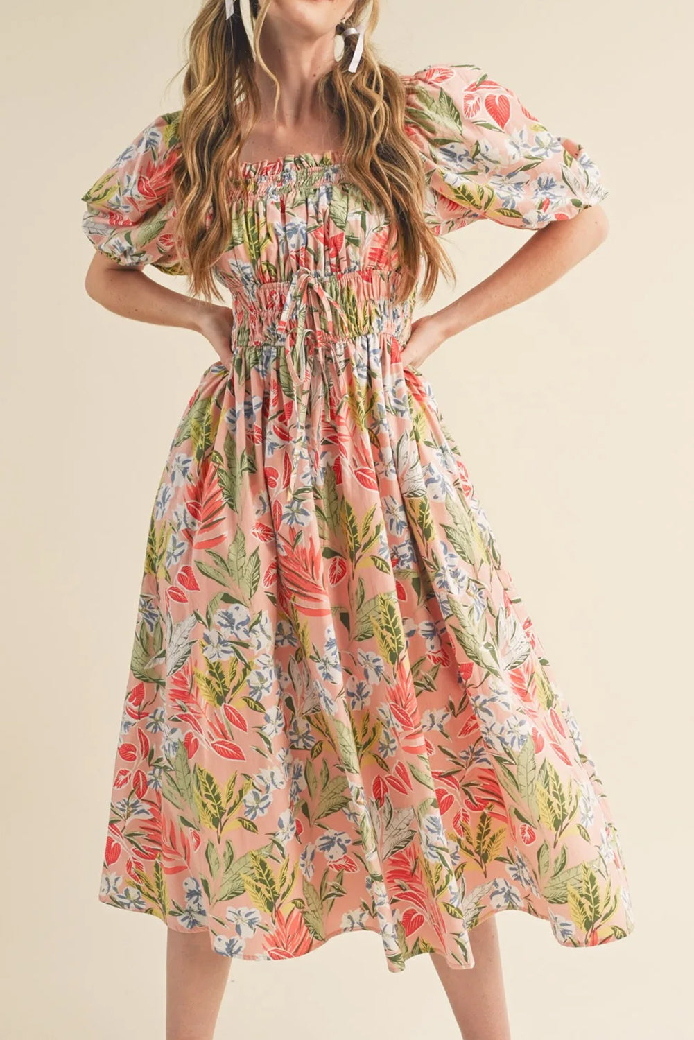 Apricot Floral Smocked Bust Bubble Half Sleeve Midi Dress