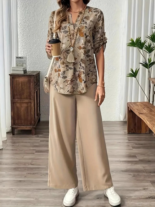 Apricot Floral Print Pants Set Apricot Bazaare Mart Printed Notched Long Sleeve Top and Pants