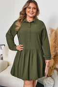 Olive Green Collared Half Button Long Sleeve Ruffle Hem Mini Dress Four Leaf Clover 100%Cotton Bazaare Mart Plus Size/Plus Size Dresses/Plus Size Mini Dresses