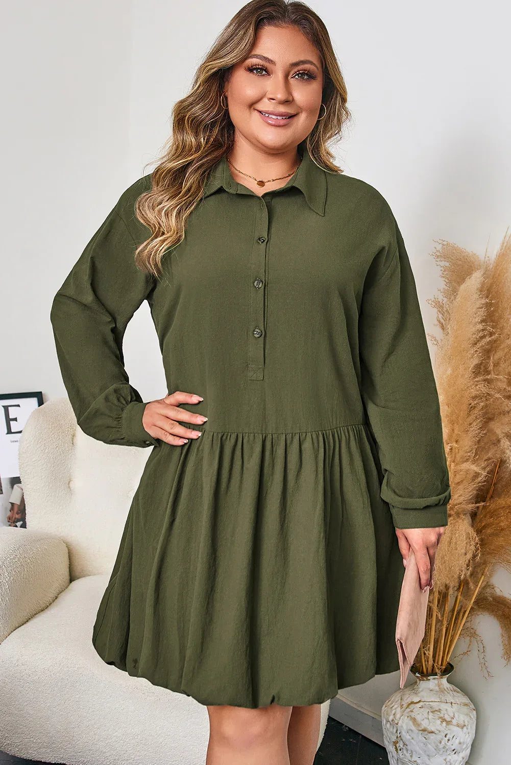 Olive Green Collared Half Button Long Sleeve Ruffle Hem Mini Dress Four Leaf Clover 100%Cotton Bazaare Mart Plus Size/Plus Size Dresses/Plus Size Mini Dresses
