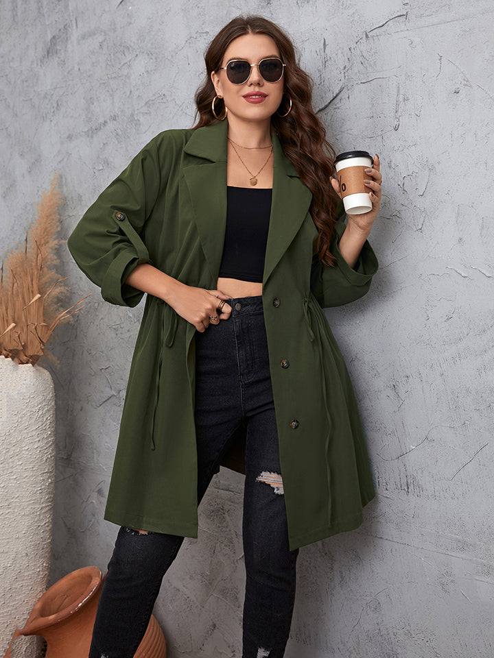 Army Green Lapel Collar Roll-Tab Sleeve Trench Coat