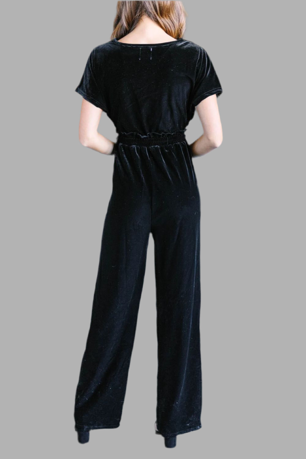 Drawstring Surplice Short Sleeve Velvet Jumpsuit