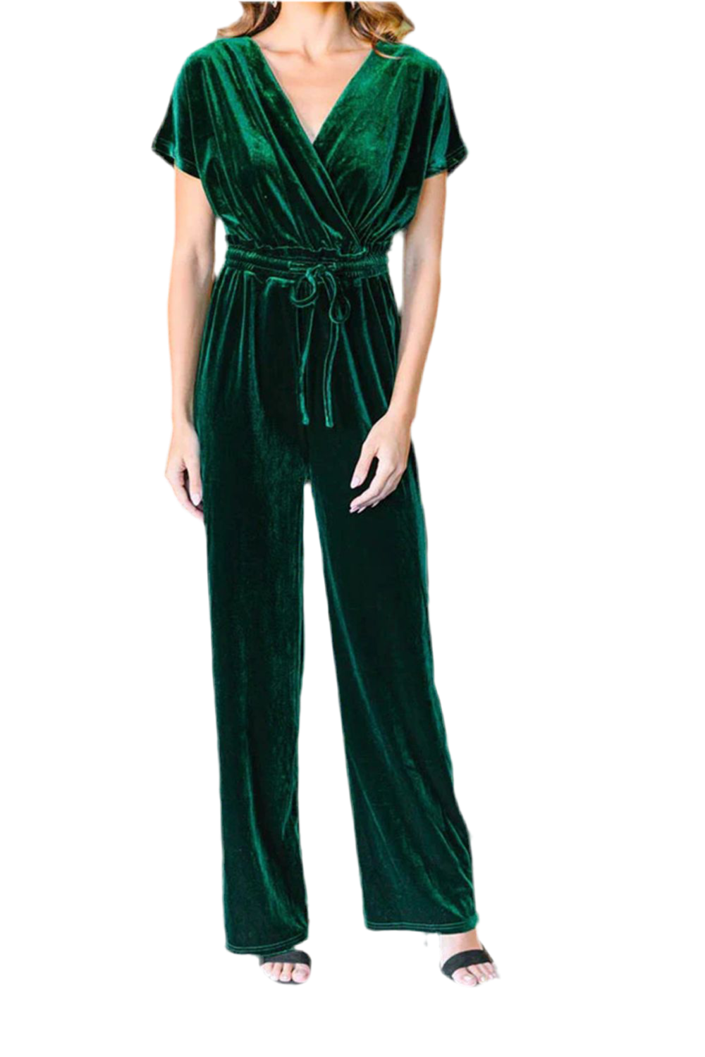 Drawstring Surplice Short Sleeve Velvet Jumpsuit